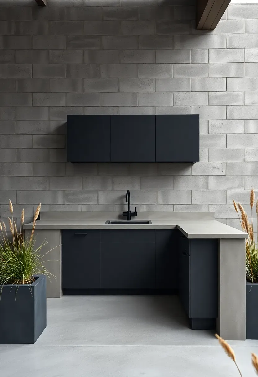 Modern outdoor kitchen with smooth poured concrete counters and minimalist cabinetry against a concrete block wall