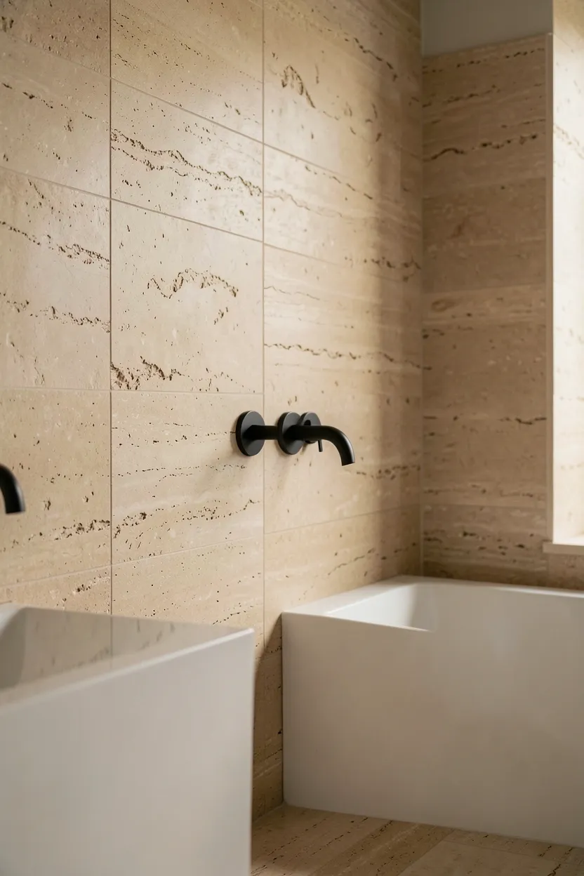 Natural travertine stone accent wall behind a freestanding tub in a bright, calm modern bathroom