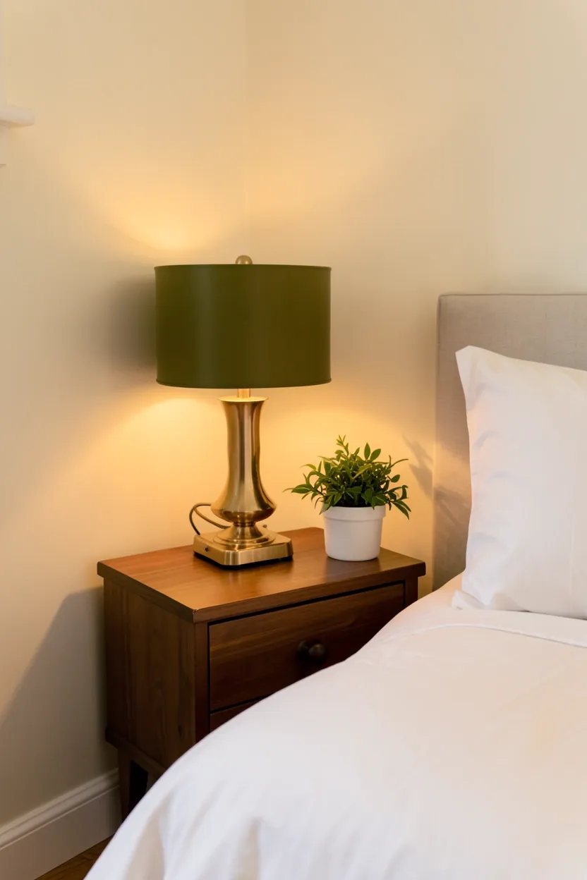 Custom olive green built-in bedroom cabinetry with open shelves and brass hardware against light neutral walls