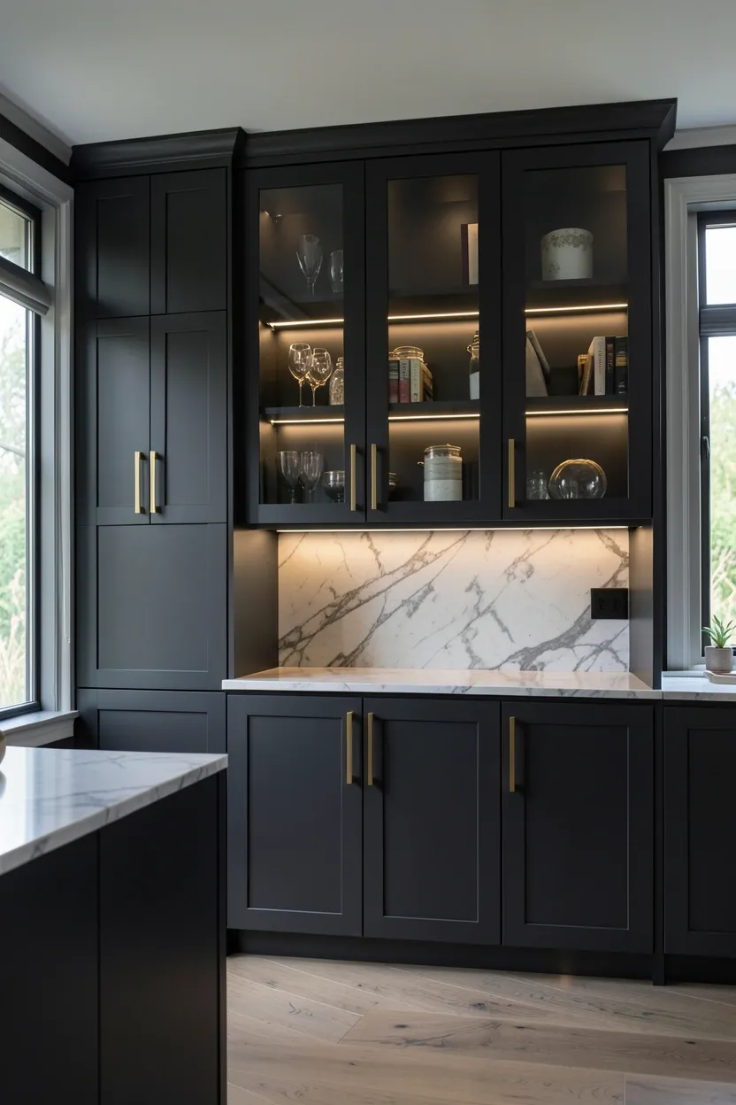 Floor-to-ceiling dark charcoal pantry cabinets with gold handles and interior LED lighting creating a dramatic storage wall in a luxury kitchen