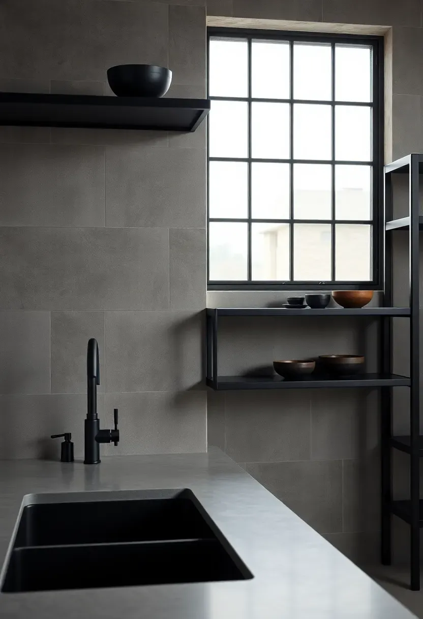 concrete look porcelain backsplash tile in a modern industrial kitchen with matte black fixtures