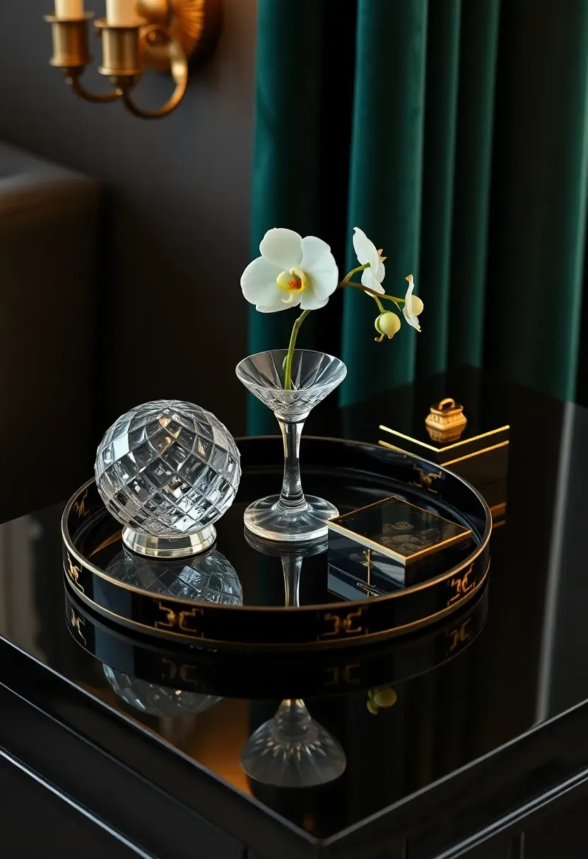 Art Deco style round lacquered tray with geometric objects and mirrored surface accents