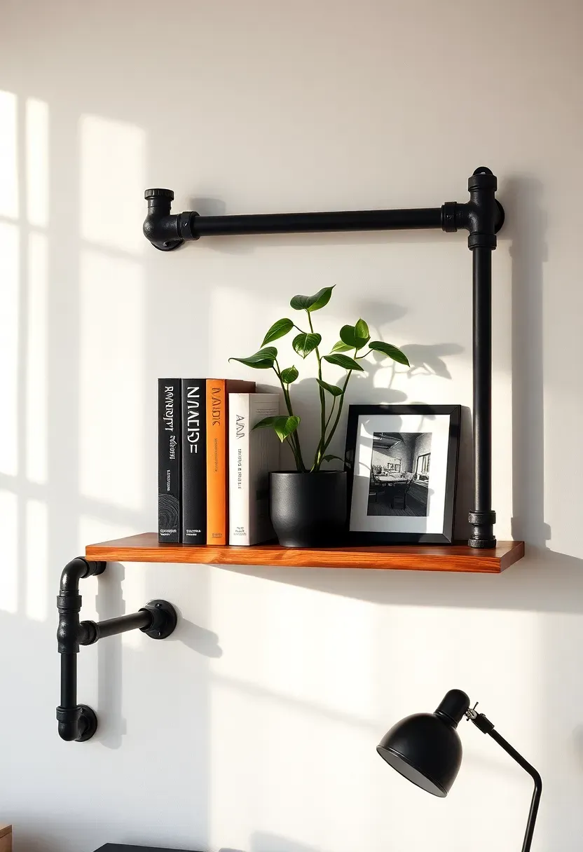 black industrial pipe shelf mounted above dorm desk holding books and a small plant