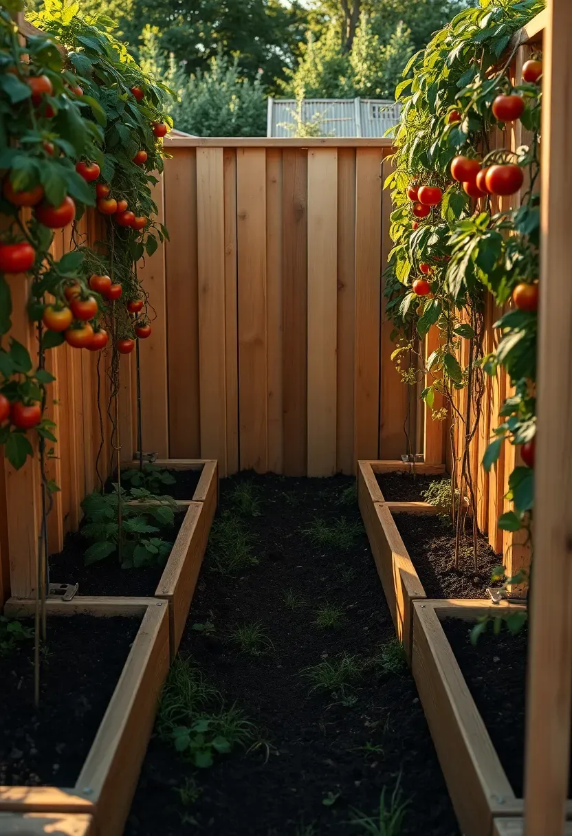 U-shaped raised garden bed configuration forming a harvesting workspace in the center, built from cedar wood, planted with tomatoes and peppers in a residential backyard