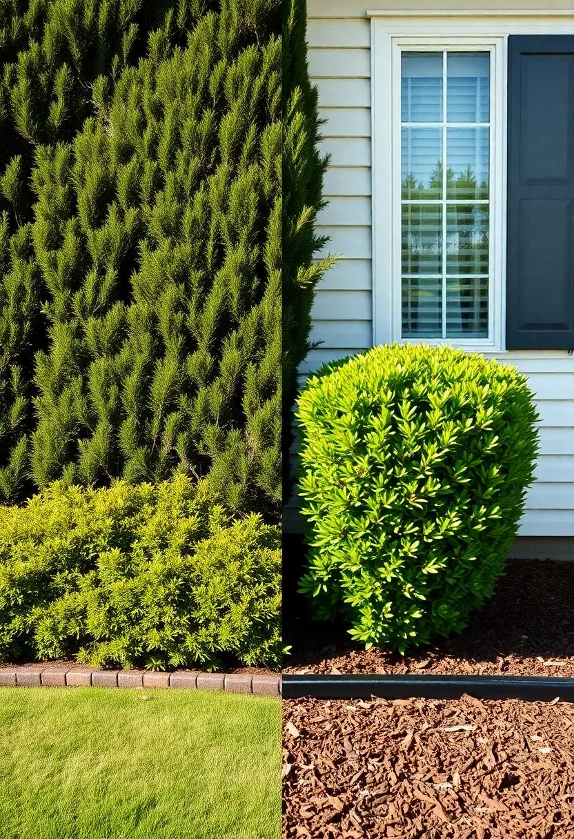 Side by side comparison of overgrown yew bushes covering ranch home windows versus clean boxwood hedges trimmed below the sill line