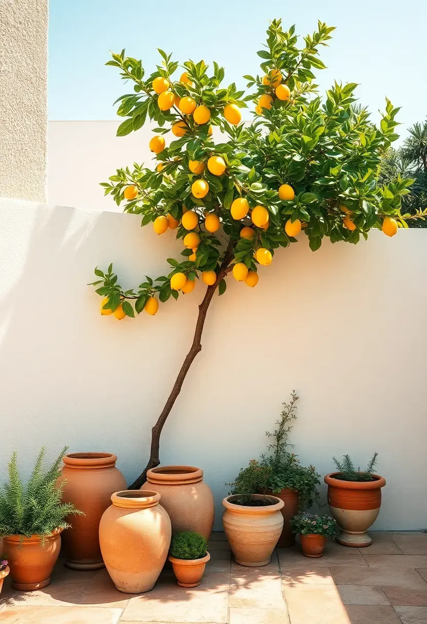 Smooth stucco-finished cinder block wall painted warm white surrounding a small backyard with a lemon tree and terra cotta pots