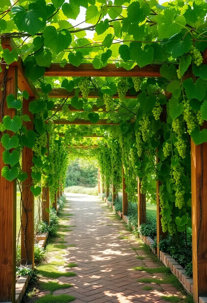 Vine-covered wooden arbor with wisteria or grape vines creating dense green shade over a garden walkway