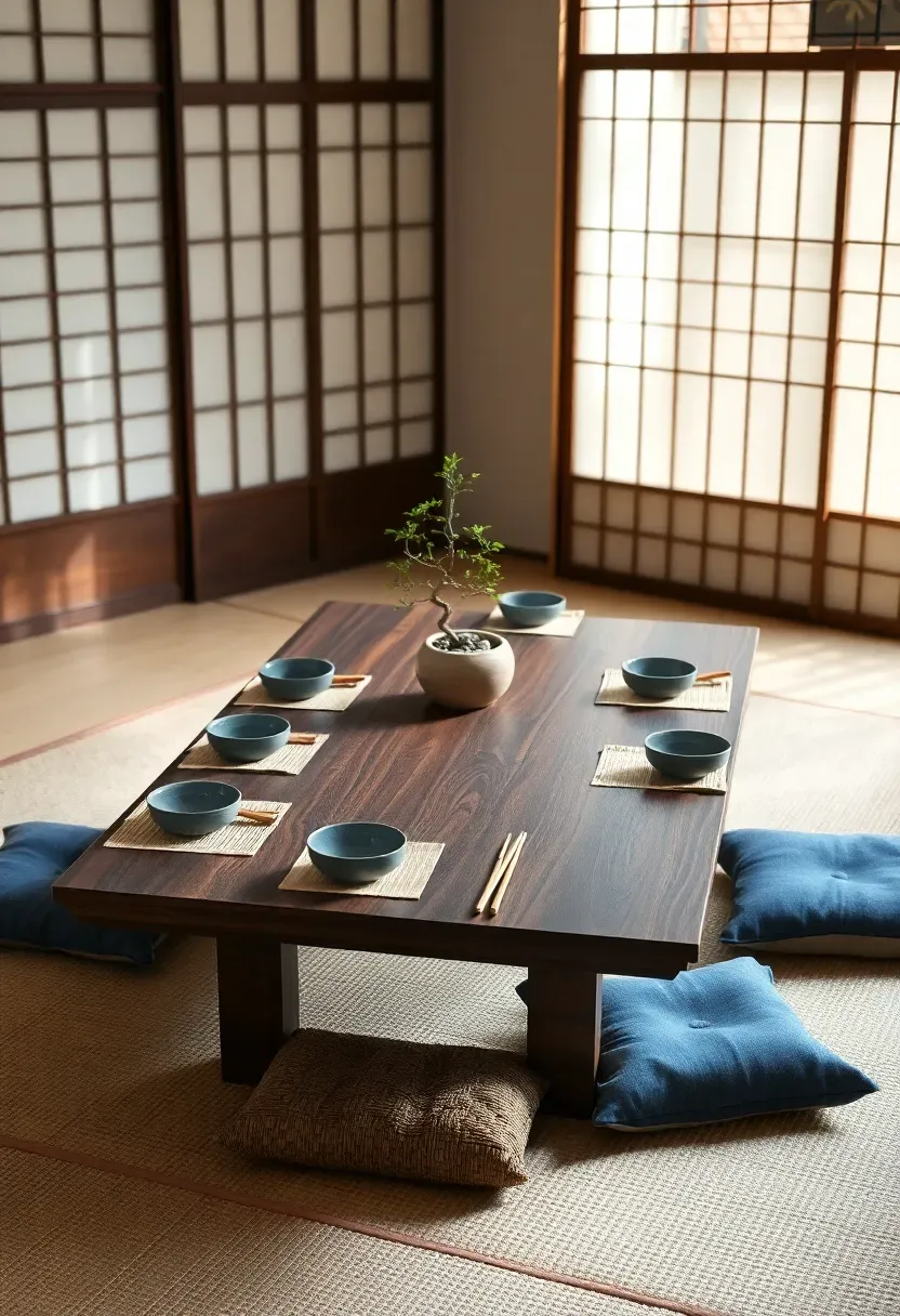 Japanese inspired low table with tatami seating, ceramic dishes, bamboo placemats, and a bonsai centerpiece
