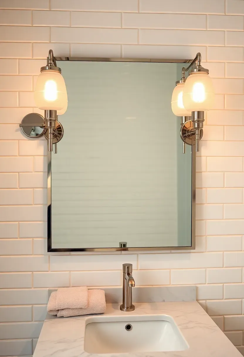 Two polished nickel wall sconces mounted on either side of a rectangular bathroom mirror above a marble vanity