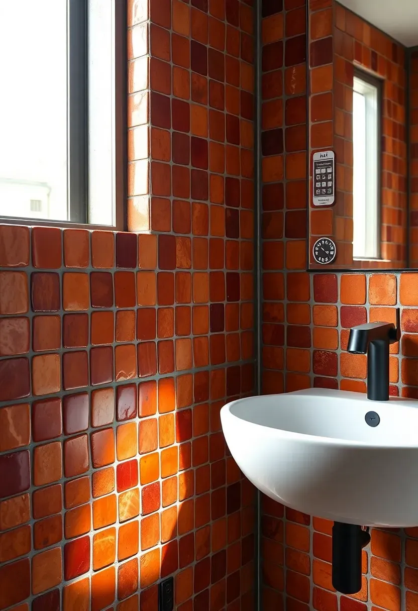 zellige handmade tile feature wall in bathroom with warm tones and irregular surface