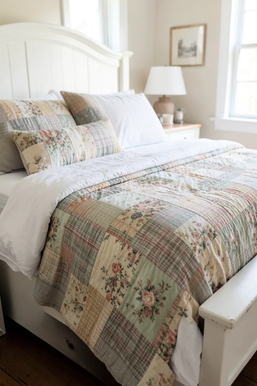 Hand-stitched patchwork quilt in muted blue and cream tones layered over white linen bedding in a farmhouse bedroom