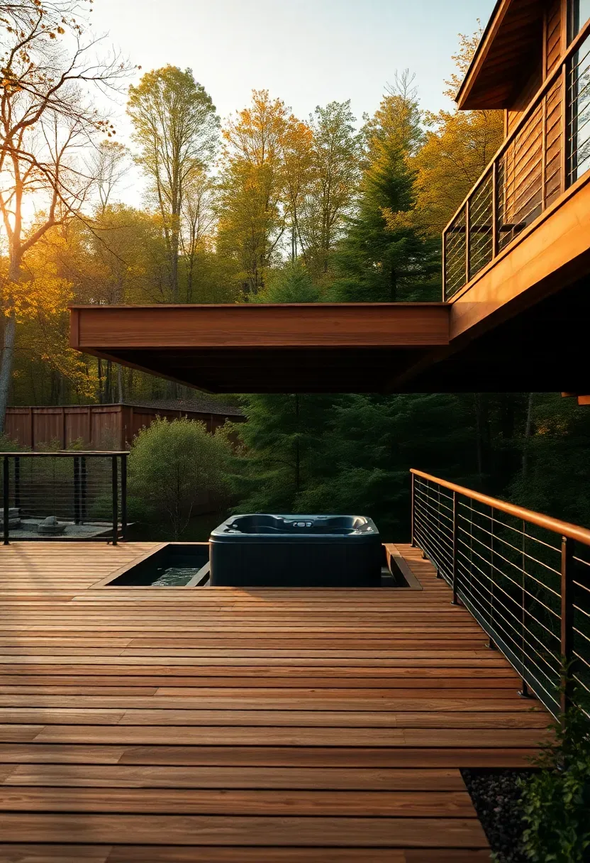 A cantilevered deck extending out over a sloped wooded hillside with a swim spa positioned at the far end overlooking the trees