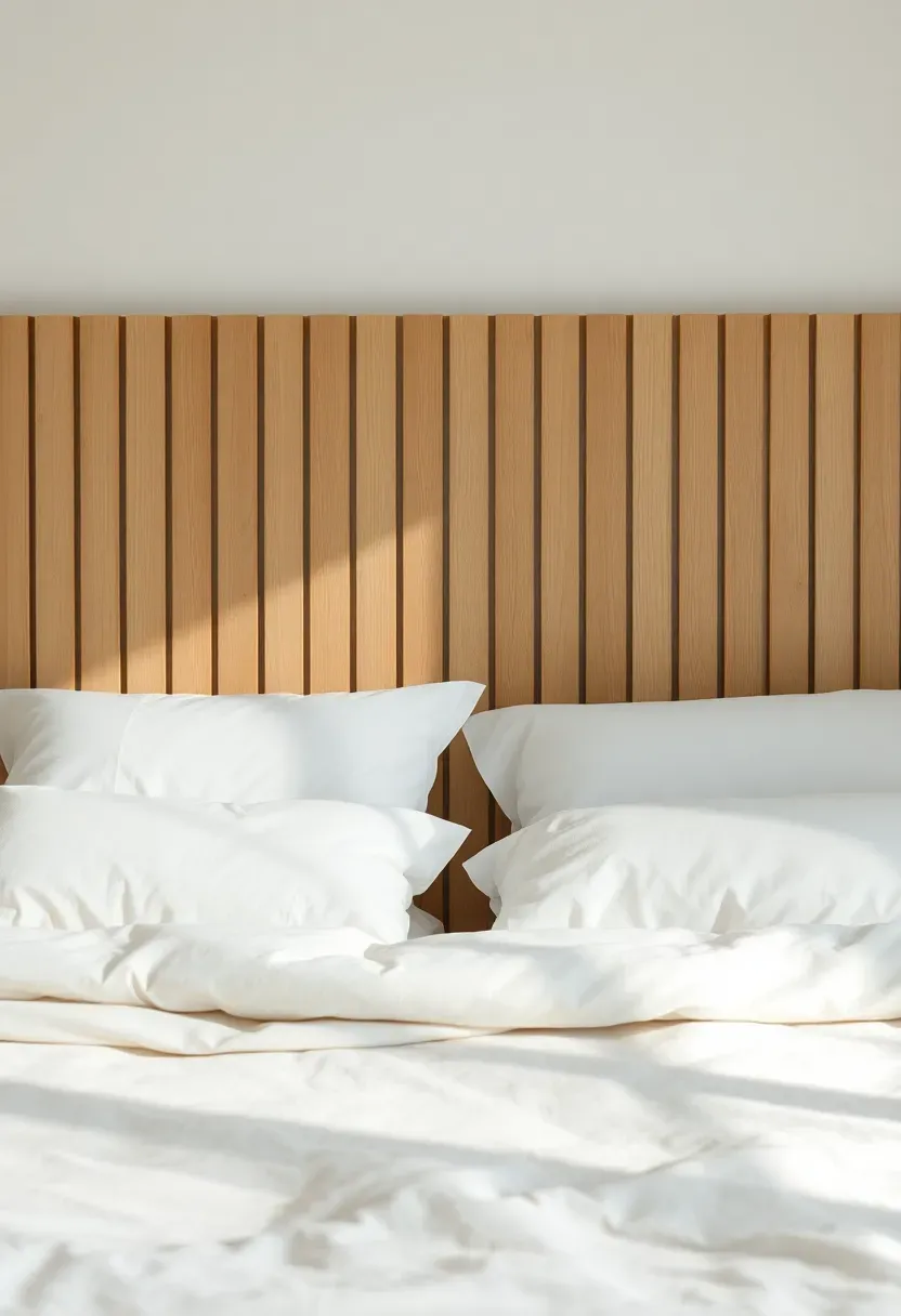 Platform bed with minimal wood slat headboard or no headboard