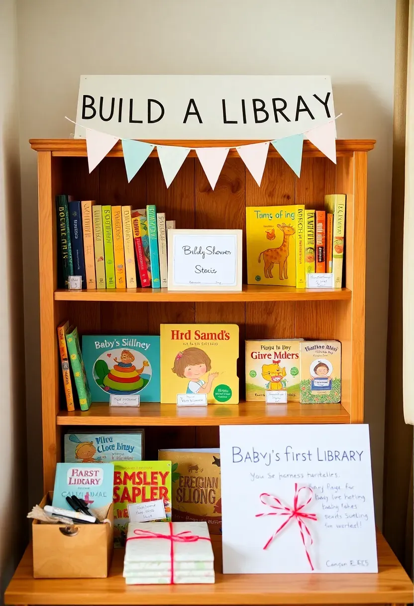 build a library baby shower gift station with wrapped books personalised bookplates and wooden shelves