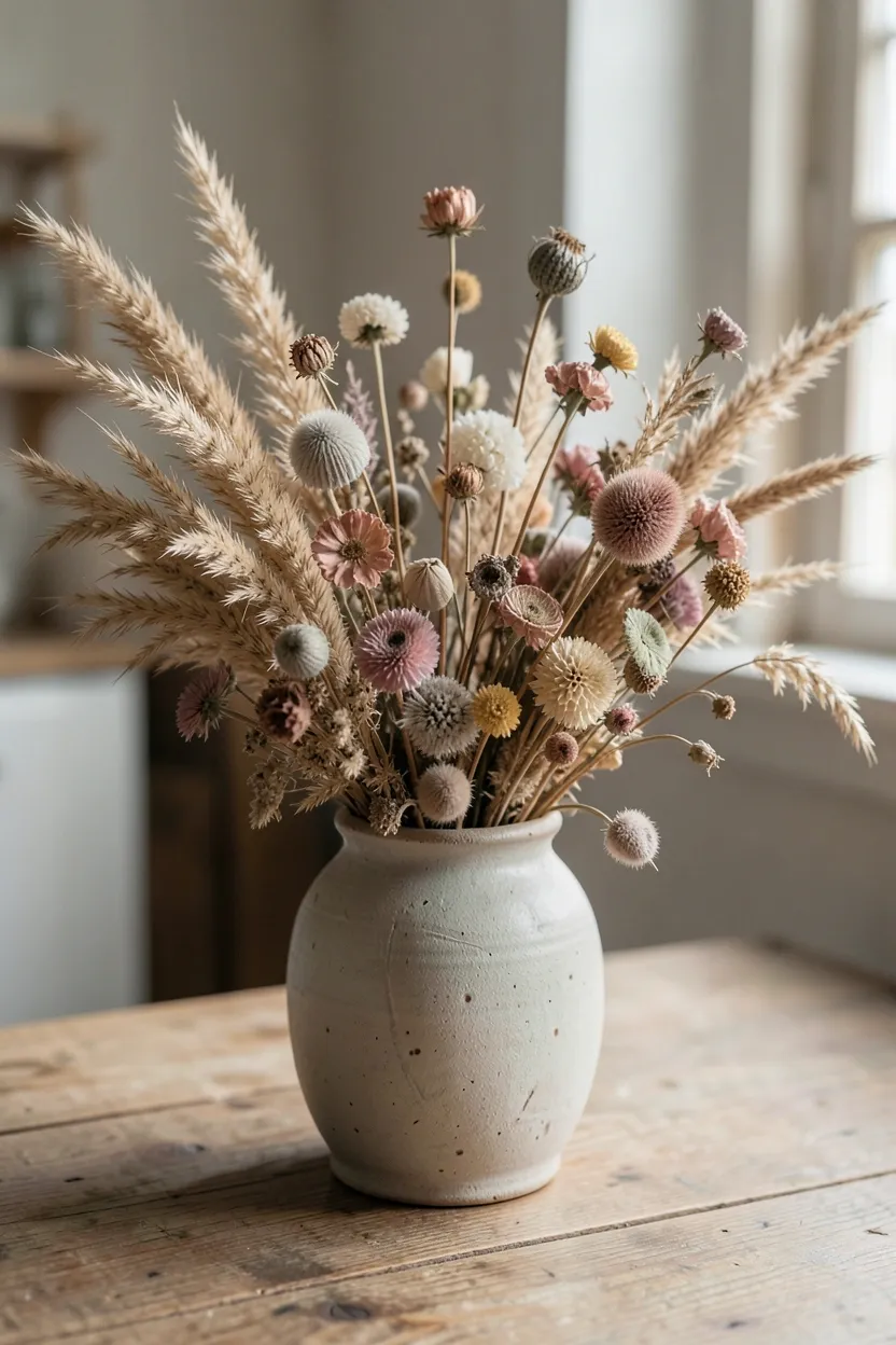 Minimalist dried flower arrangement with pampas grass and seed pods in a matte ceramic vase on a wabi sabi living room side table