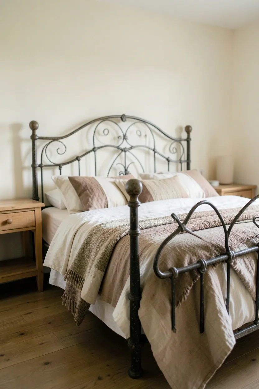 Hyper-realistic eye-level photograph of vintage wrought iron bed frame with curved headboard and footboard. Aged dark metal with patina, layered rustic bedding in whites, browns, and cream, two wooden nightstands, cream walls, natural light. Materials: wrought iron bedframe with decorative scrollwork, natural linen bedding, pine nightstands, cream painted walls. Soft natural light, elegant farmhouse atmosphere. Shallow depth of field, sharp details on iron scrollwork and linen texture, balanced composition showing bed and room. No text, no logos, no watermarks.</p>