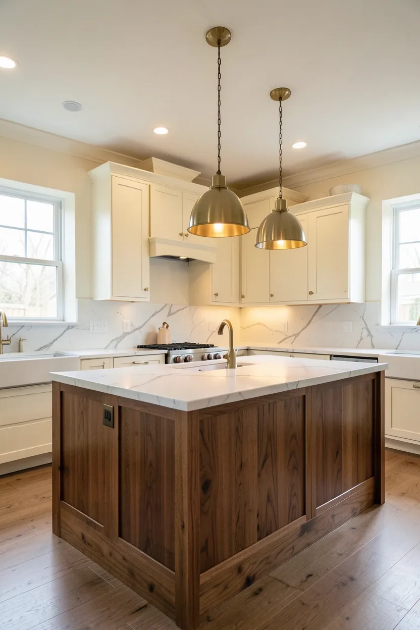 Hyper-realistic wide shot of a fall kitchen featuring walnut island with light neutral backdrop. Large rectangular island in rich walnut wood with visible grain patterns, waterfall edge detail. Upper cabinets in cream shaker style, walls painted in pale warm cream. White marble countertop on perimeter with warm gray veining. Brass hardware on all cabinets. Three modern pendant lights in brushed brass over island. Warm ambient lighting from ceiling. Natural light from windows. Clean surfaces. No text, no logos, no watermarks.</p>