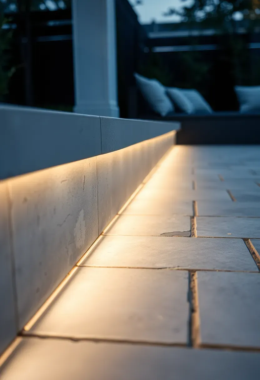 Warm white LED strip lighting installed under the front edge of a built-in outdoor bench creating a floating glow effect on a stone patio