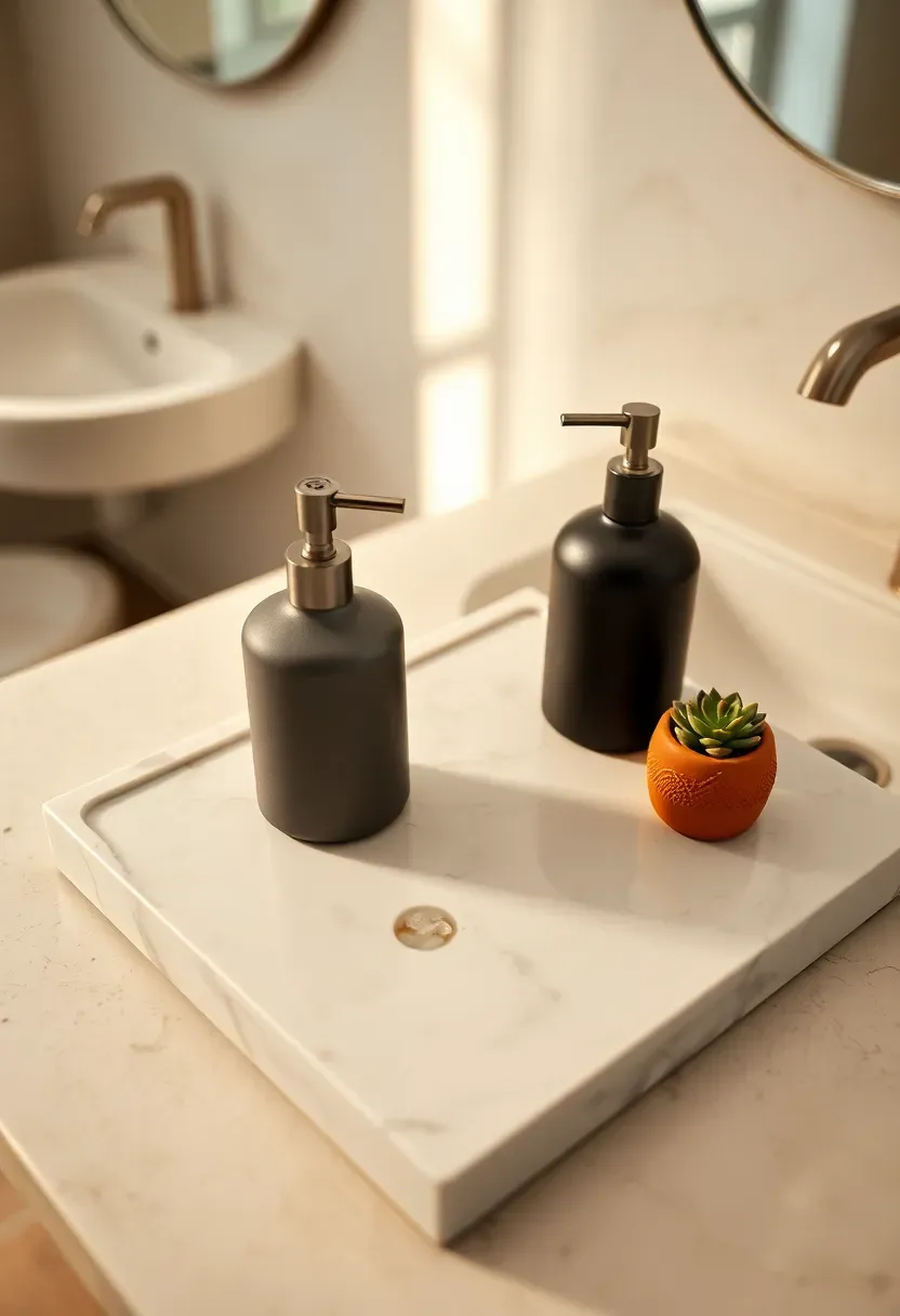 Rectangular marble tray on a bathroom counter holding soap dispenser, lotion, and a small plant