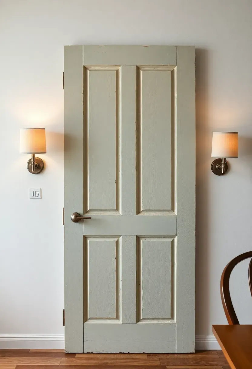 Old chippy painted door in pale aqua mounted on the dining room wall as decorative art, flanked by wall sconces with linen shades