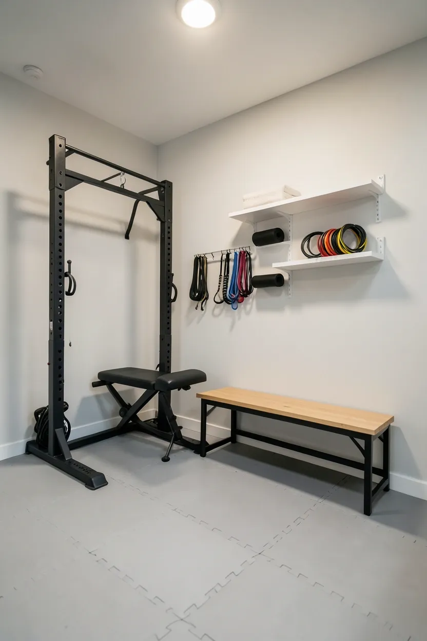 Small spare bedroom converted into a home gym with wall shelves, fold-up treadmill, and corner power rack