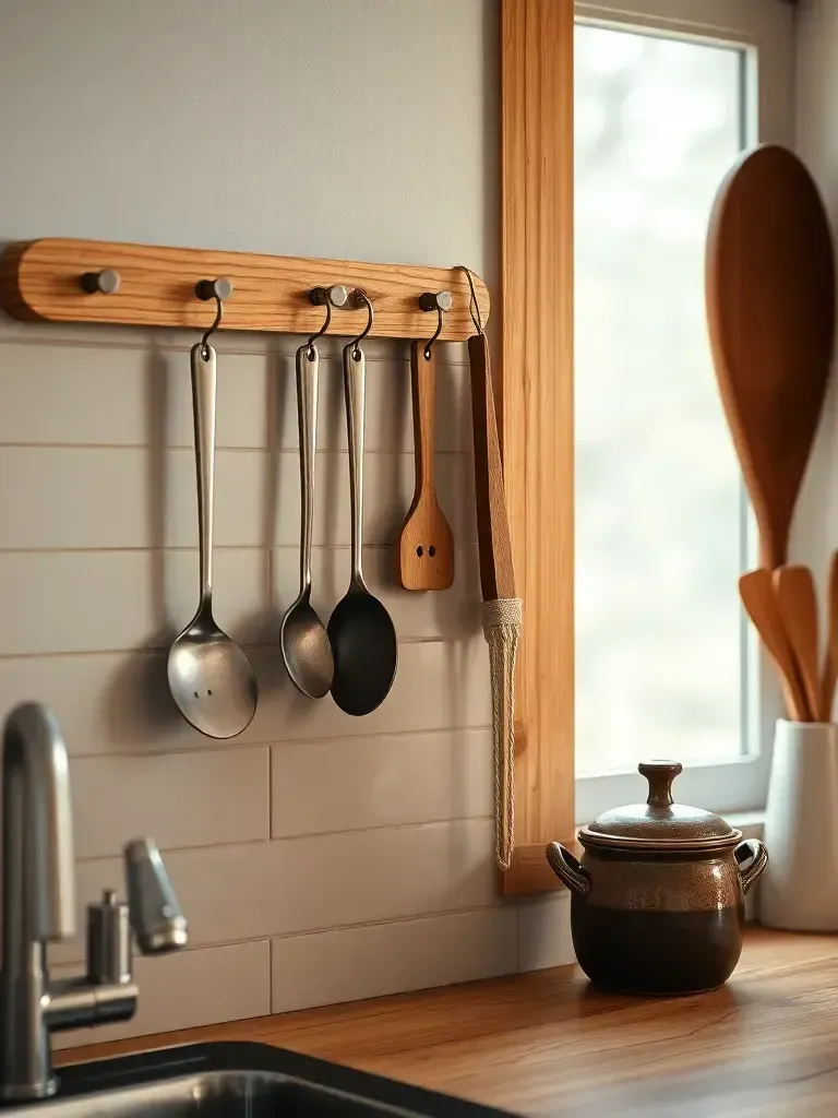 Narrow wood rail for utensils