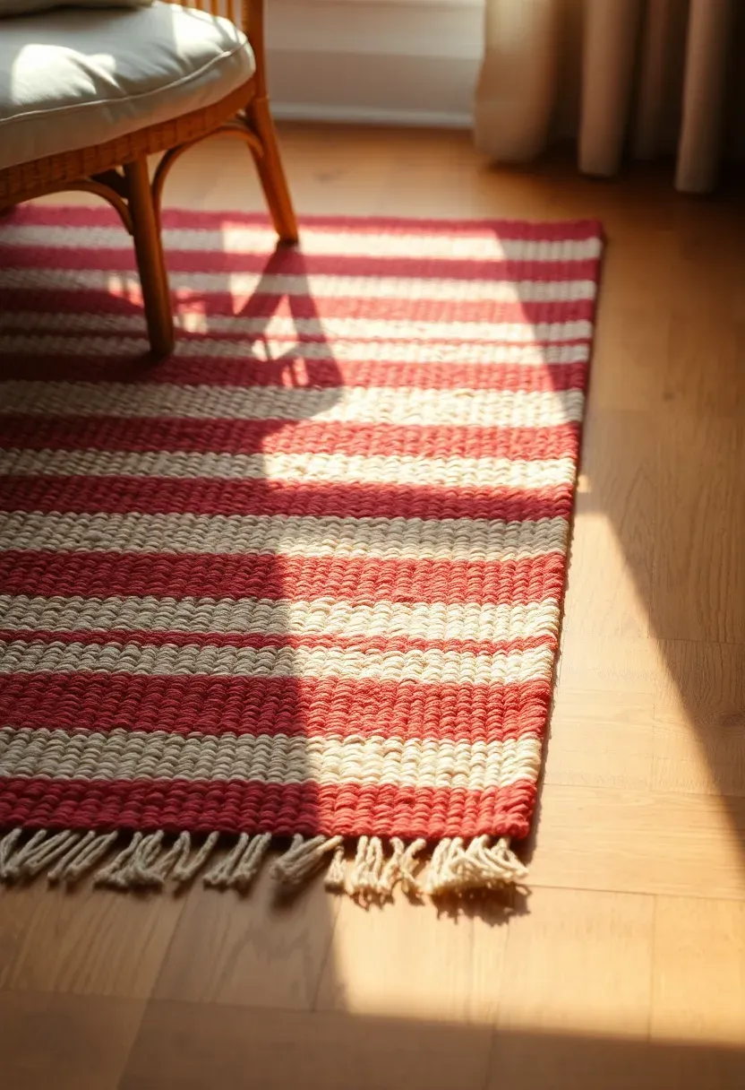 Hand-woven cotton rag rug in faded red and cream stripes on warm hardwood floors in a farmhouse sunroom with sunlight streaming across the weave
