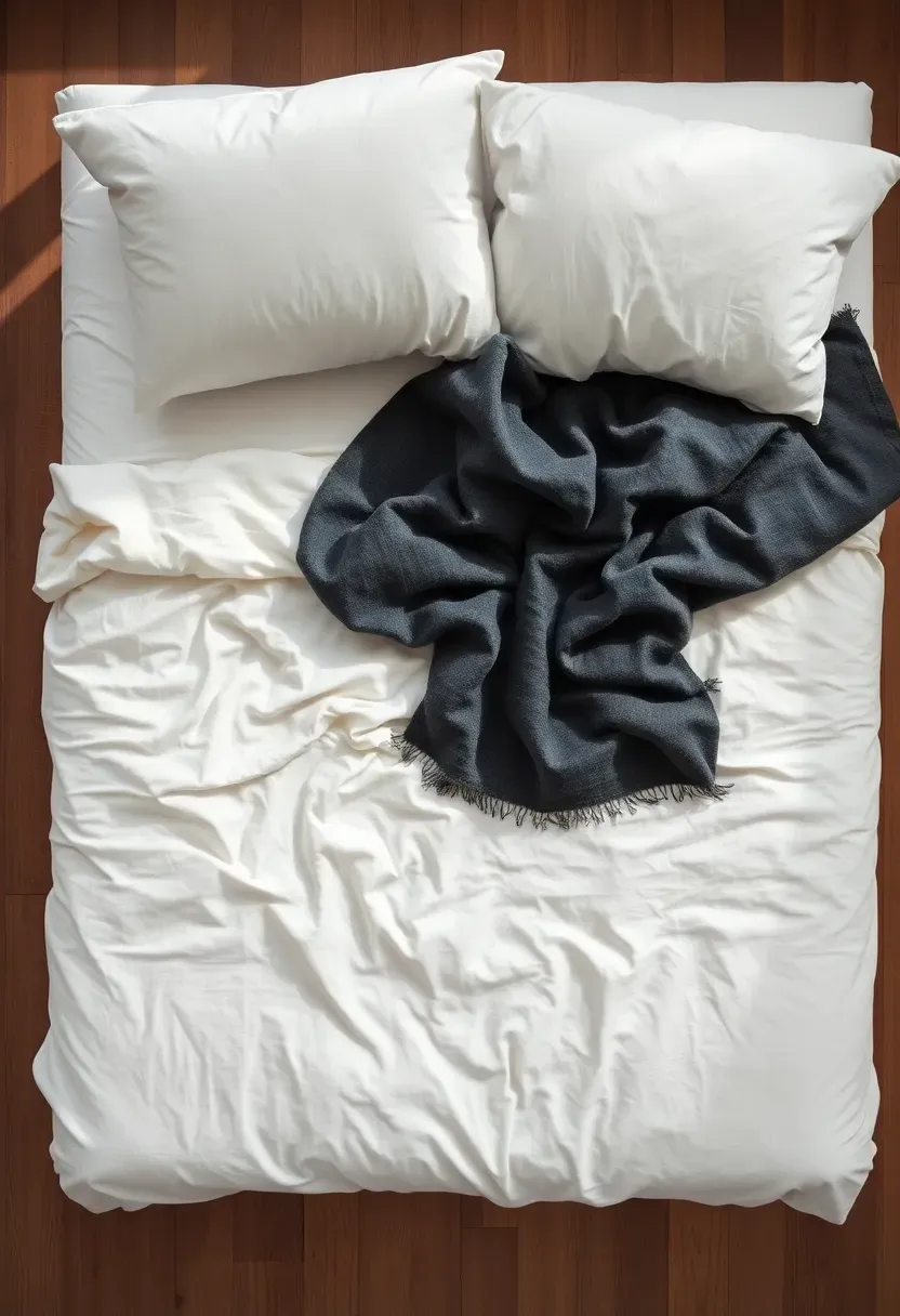 Layered white cream and charcoal linen bedding
