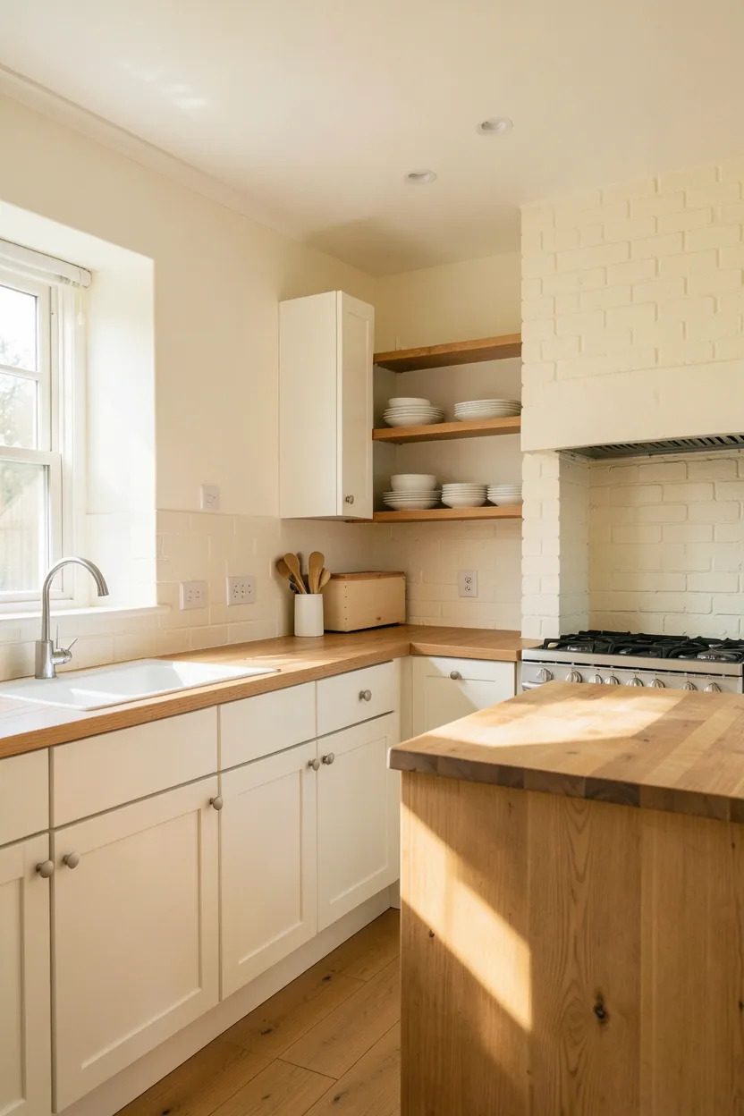 Hyper-realistic 3/4 view of a cottage kitchen with creamy white walls. White shaker cabinets extending along one wall, warm oak island with butcher block top. Natural wood open shelving on adjacent wall holding white dishes. Creamy white painted brick visible above range hood. Warm natural light from windows, soft shadows casting across surfaces. Materials: creamy white paint, natural oak, white ceramic, brick. Warm inviting minimalist cottage mood. Visible kitchen context - flooring, ceiling, all walls in creamy white with wood accents creating monochromatic warmth. Small water spot near sink showing use. No text, no logos, no watermarks.</p>