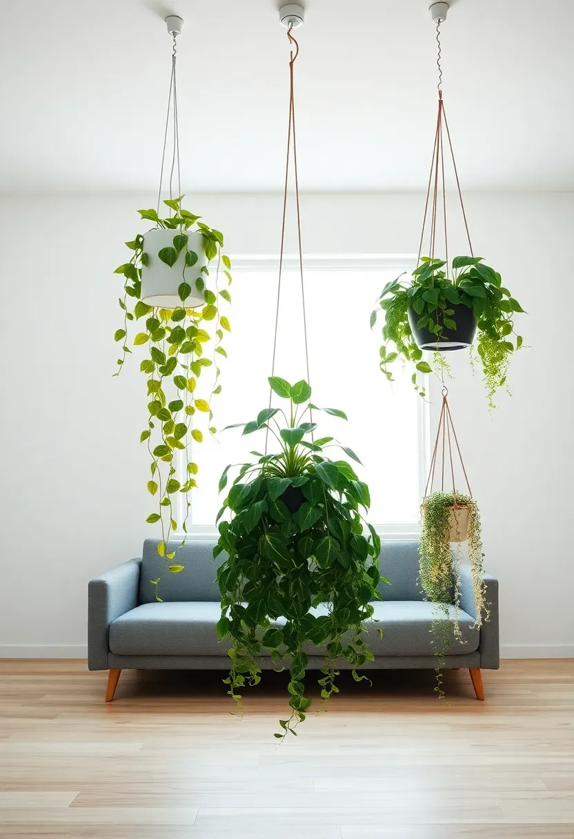 Hyper-realistic upward angle view of minimalist living room with three hanging plants at different lengths from white ceiling. Longest: trailing golden pothos in white cylinder reaching 4 feet down. Medium: heart-leaf philodendron in black vessel, 3 feet down. Shortest: string of pearls in white vessel, 2 feet down. Below: empty light wood floor, gray sofa, no other decor. White walls, large window. Plants create living curtain effect. Materials: matte white and black hanging pots, variegated green cascading leaves. Bright natural light from window illuminates undersides of leaves. Airy minimalist mood where suspended plants add greenery without using floor space.</p>