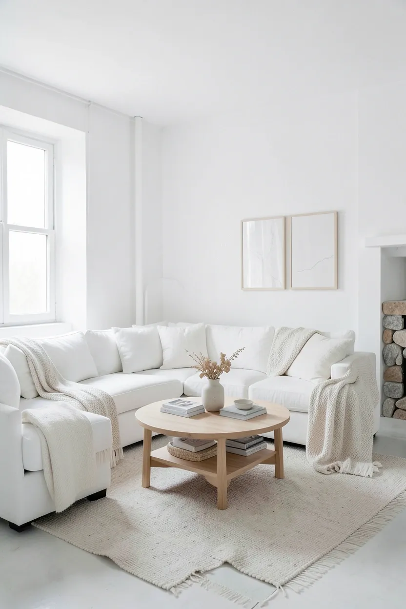 All-white Scandinavian living room with cream linen sofa, white marble side table, natural jute rug, and wood accents creating serene textural depth