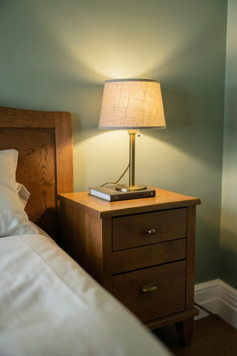 Warm oak wood nightstands with brass lamp and hardware next to a sage green bedroom wall