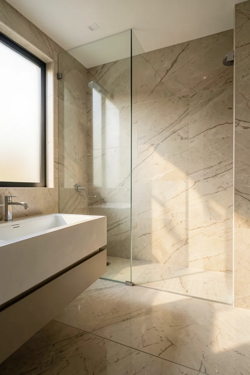 Floor-to-ceiling bookmatched marble tiles with continuous veining creating a seamless luxury bathroom wall
