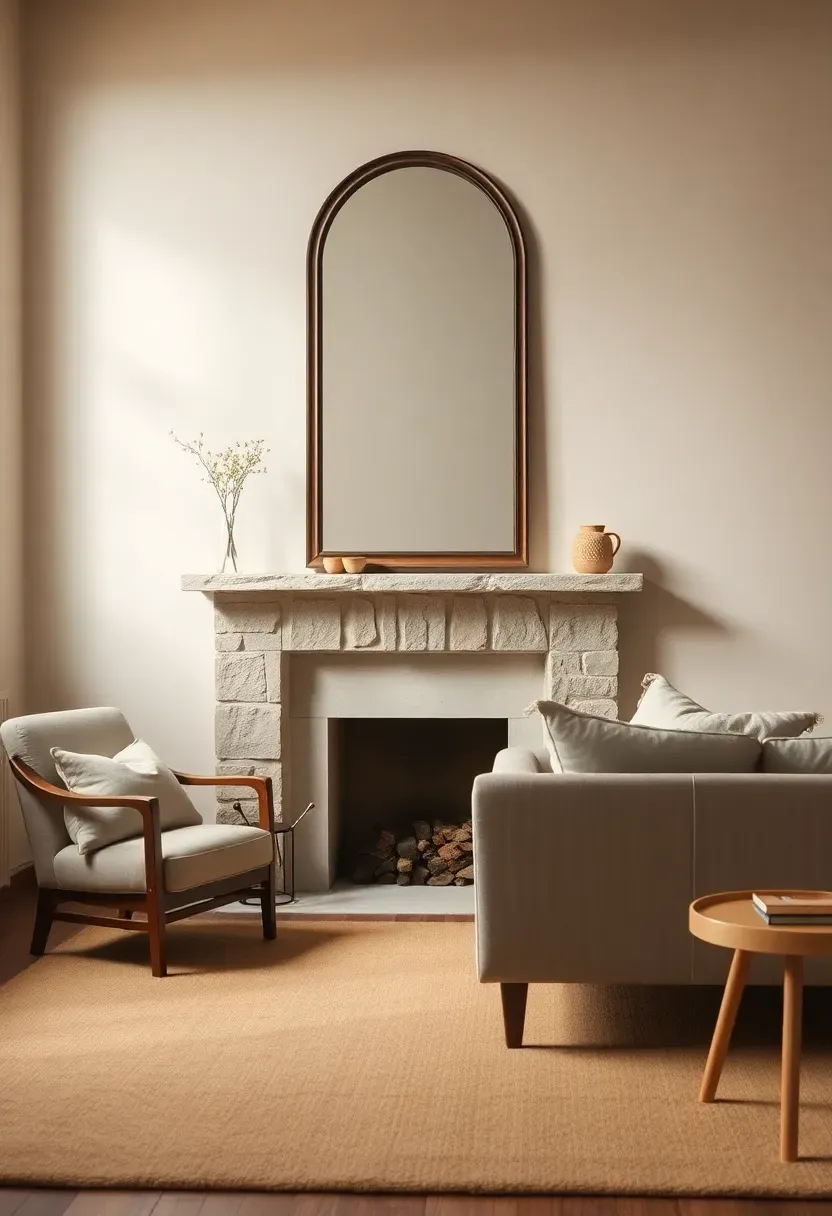 Simple fireplace surround with an arched mirror