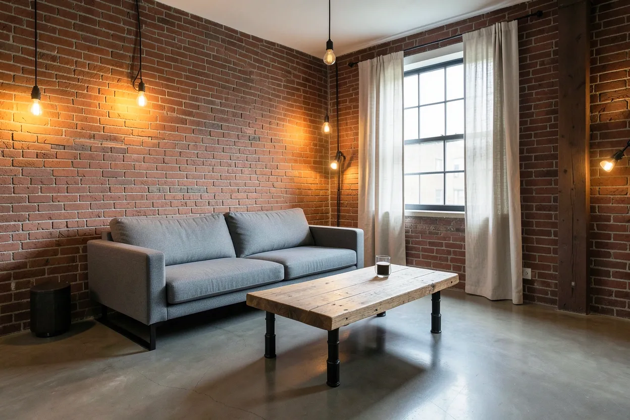 Industrial minimalist living room with exposed brick wall, low-profile gray sofa, reclaimed wood coffee table, and warm Edison bulb lighting in a rental apartment