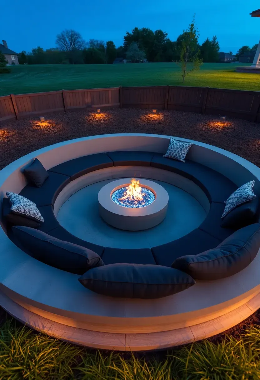 Sunken conversation pit with a circular firepit at the center, built-in concrete benches, and outdoor cushions
