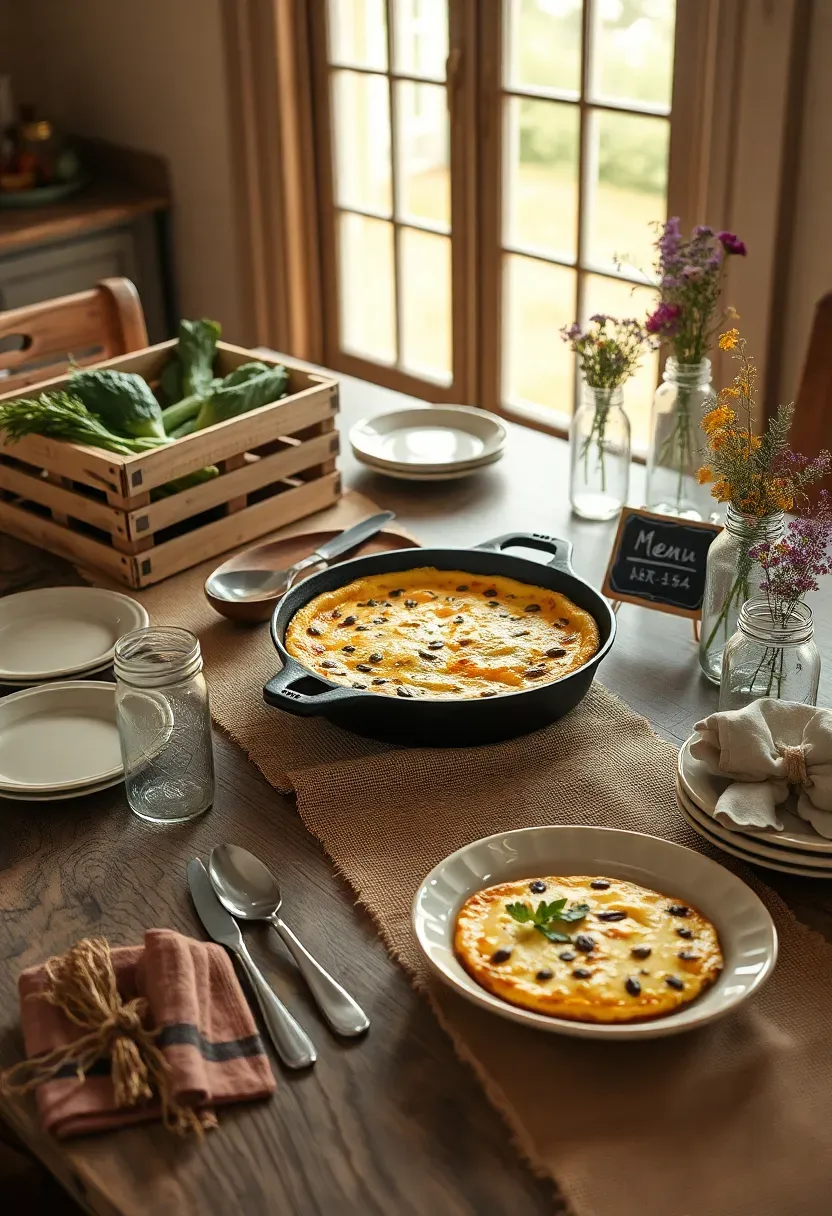 rustic farm to table baby shower brunch with wooden crates of fresh vegetables herb bundles linen napkins cast iron egg skillet and wildflower arrangements