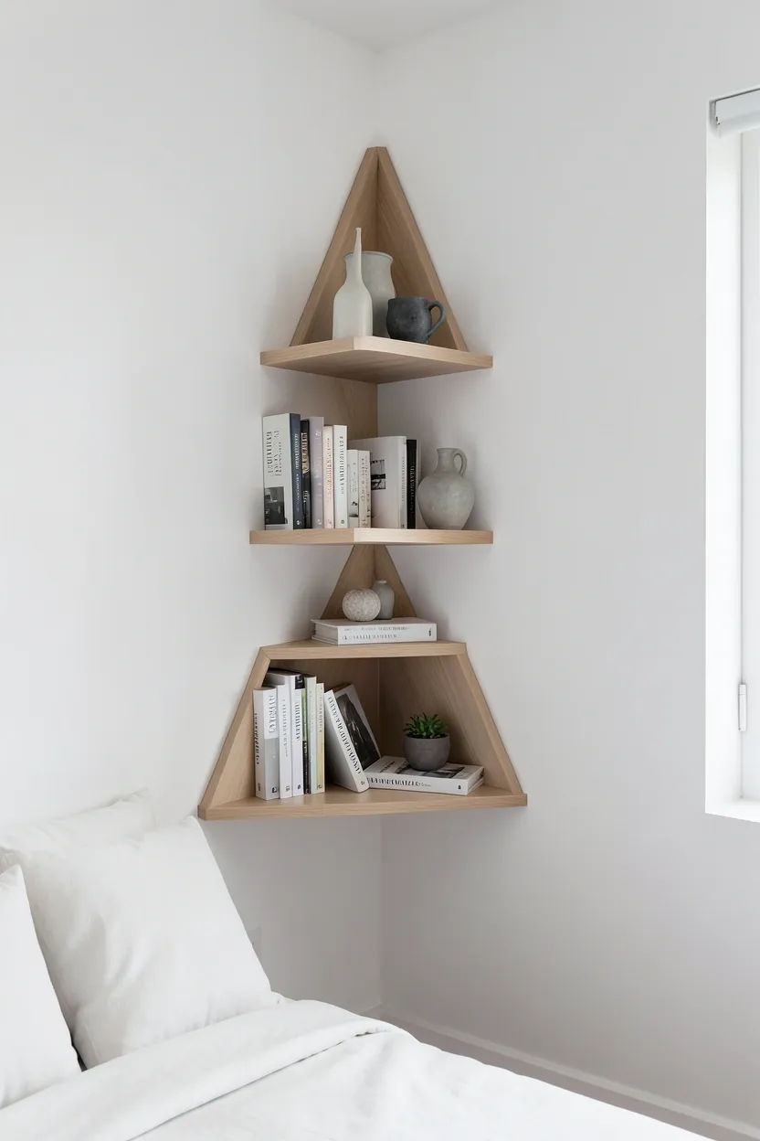 White floating corner shelves fitted into the corner of a small bedroom, holding books and decorative objects