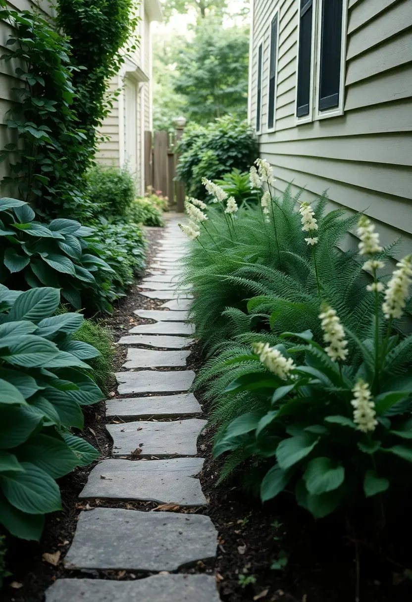 Narrow side yard garden beds running along both sides of a shaded passage between two houses with shade-loving hostas, ferns, and stepping stones down the center