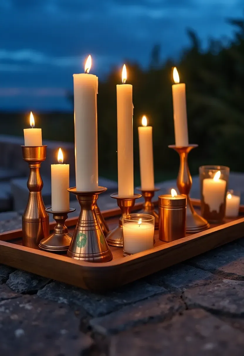 Cluster of copper and brass candle holders of varying heights on a weathered wooden tray placed on an outdoor stone table at twilight