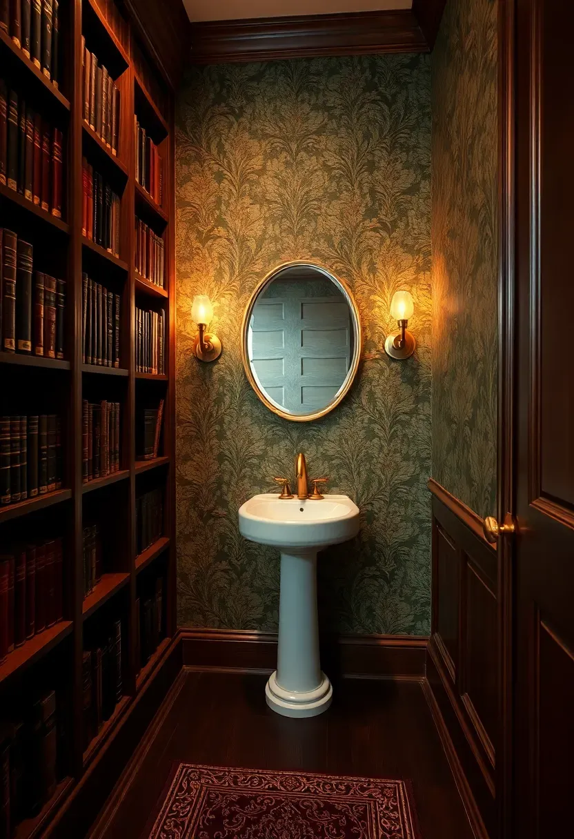 Cozy powder room with dark wood bookshelves, warm lighting, a pedestal sink, and vintage wallpaper