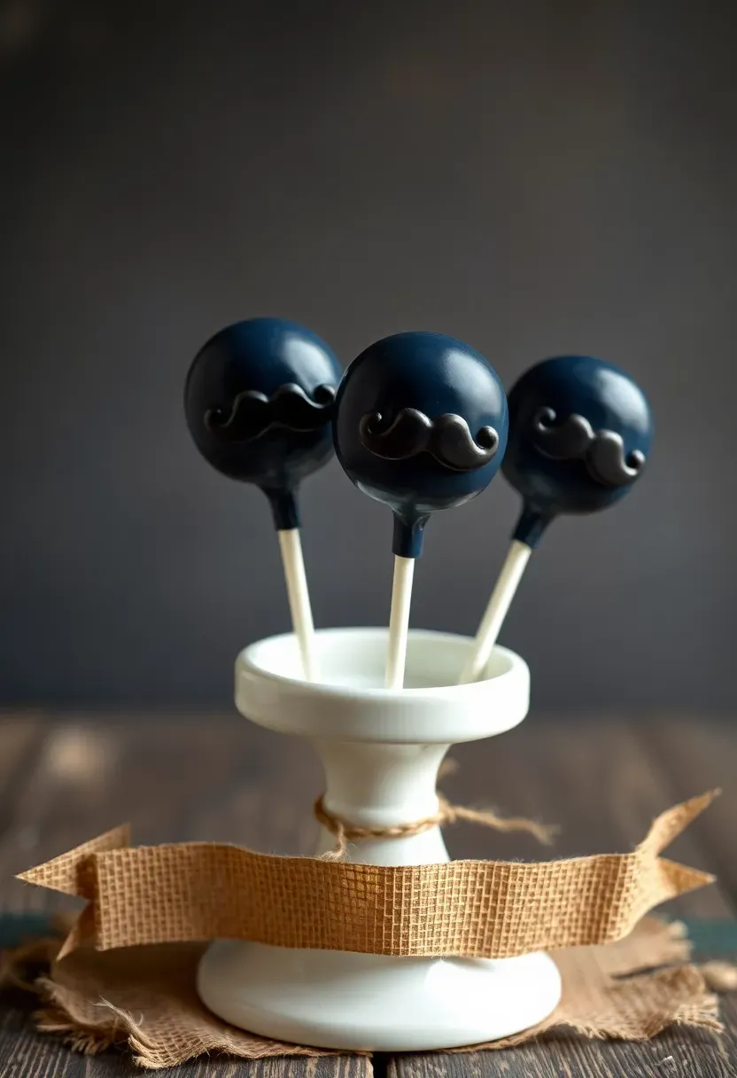 mustache shaped cake pops in blue and black chocolate coating displayed on a white stand with a little man banner