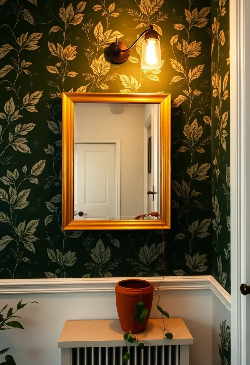 Deep green botanical wallpaper accent wall in apartment entryway with gold mirror and trailing pothos