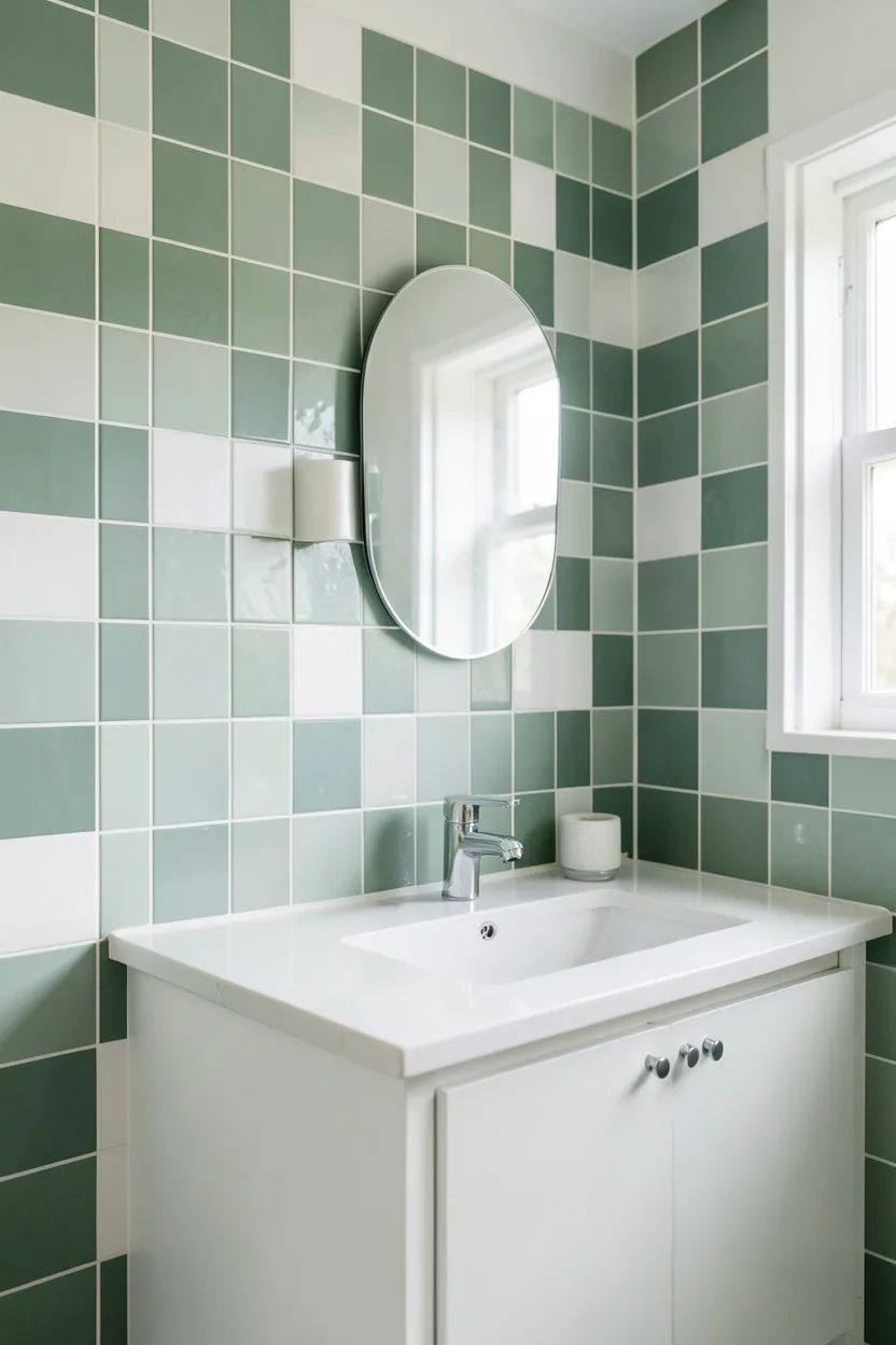 Hyper-realistic eye-level photograph of a modern green bathroom wall showing two-tone tile pattern with sage green and white subway tiles arranged in checkerboard pattern, white vanity with white quartz countertop, chrome faucet, small round mirror. Natural light. Materials: sage green and white ceramic subway tiles, white quartz, chrome fixtures. Classic two-tone green aesthetic. Clean patterned composition. No text, no logos, no watermarks.</p>