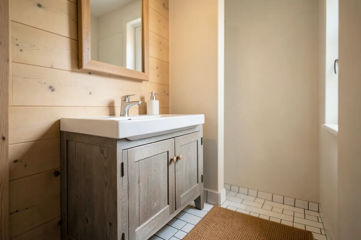 Collage of wood bathroom ideas for apartments including a teak shower bench, cedar bath mat, bamboo shelving, and light oak vanity in a small rental bathroom