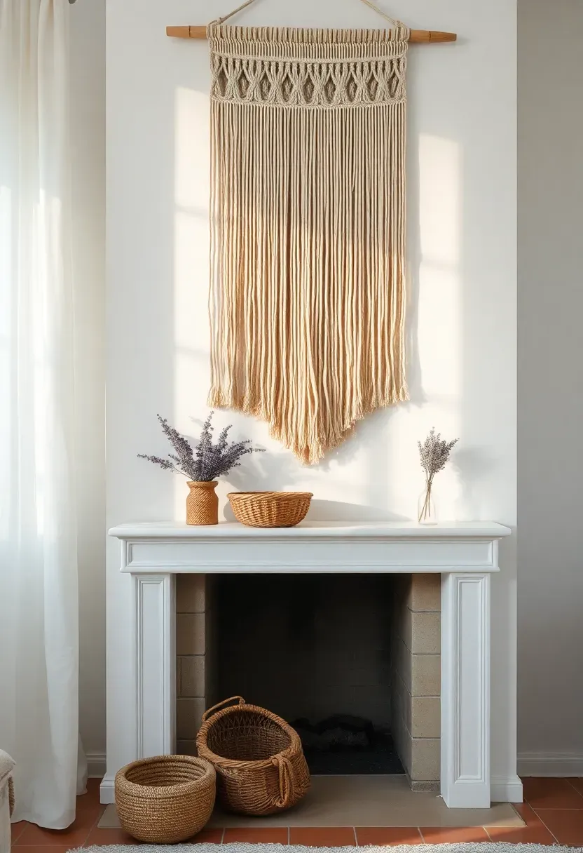 Handwoven macrame textile hanging above a white painted fireplace with boho living room decor — renter-friendly above fireplace decor idea requiring no drilling