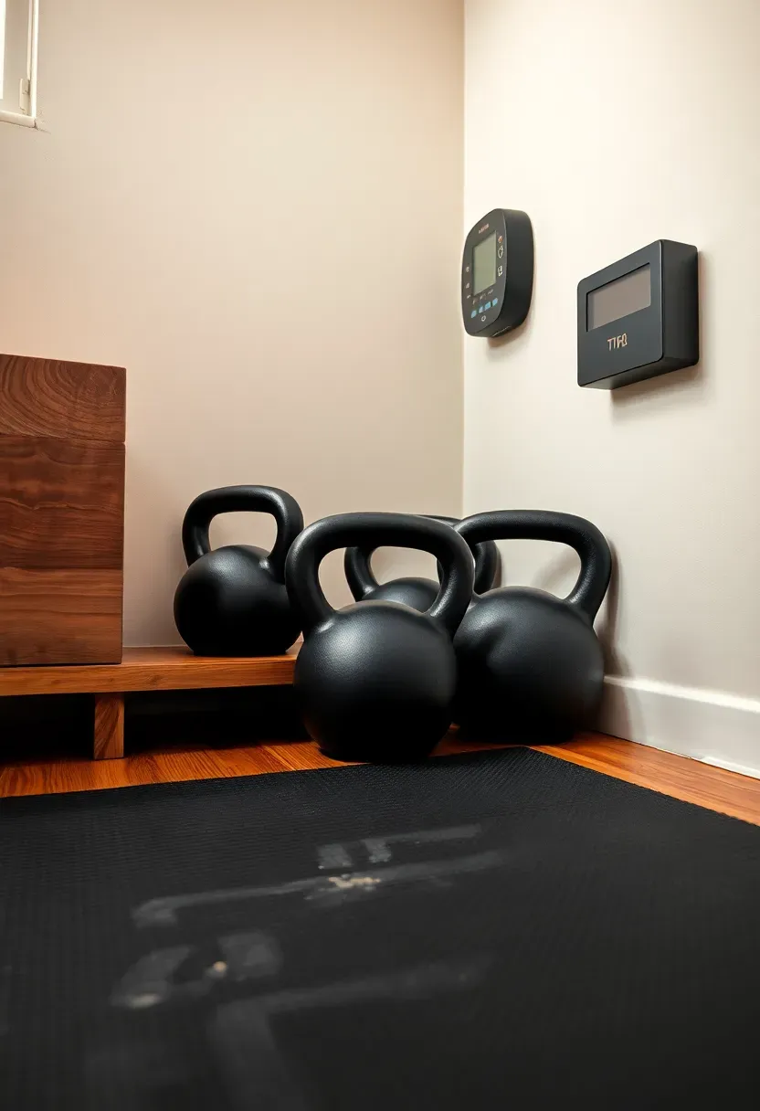Small apartment corner with kettlebells arranged by weight on a low wooden shelf, a thick exercise mat, and a wall-mounted timer