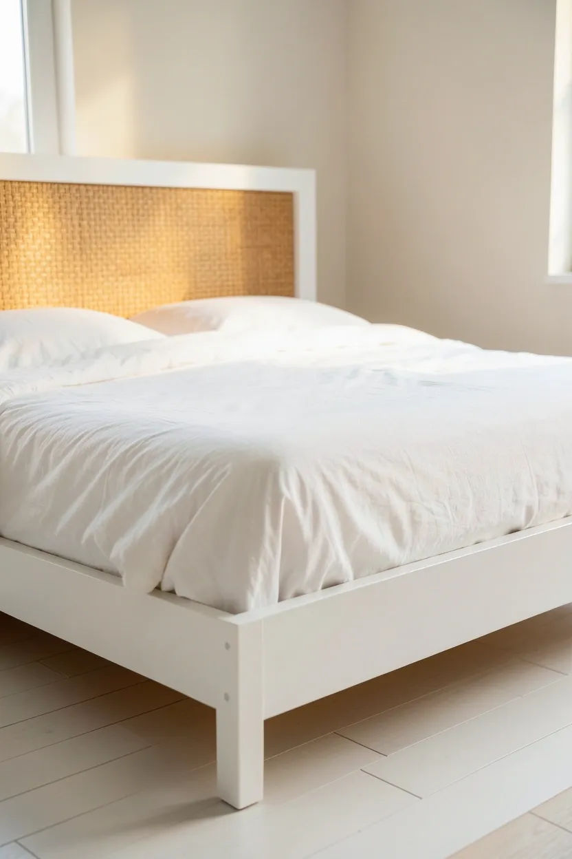 White Japanese-inspired low bed frame with woven tatami-style headboard in a Japandi bedroom