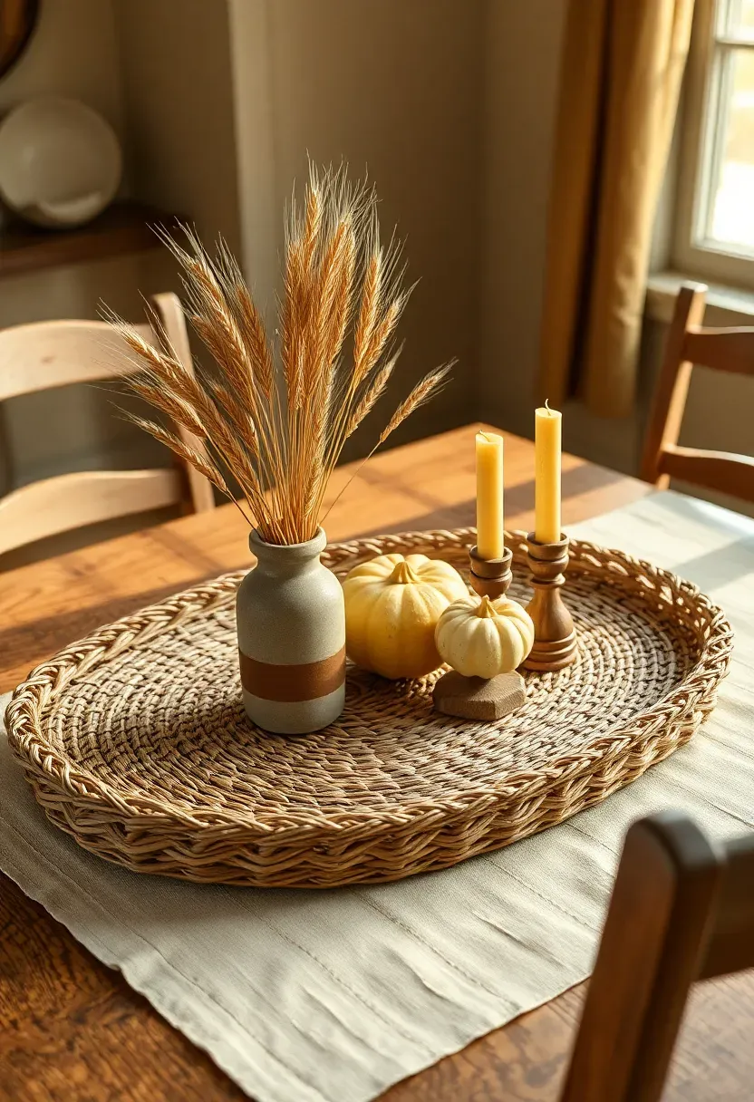 Rustic harvest woven tray filled with dried wheat stalks, small gourds, and beeswax candles on a farmhouse dining table