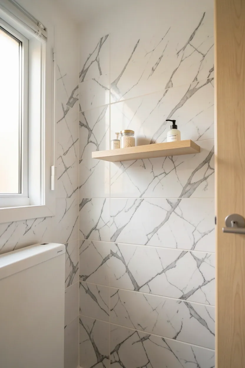 Peel-and-stick subway tiles on a rental apartment bathroom backsplash — renter-friendly wall upgrade